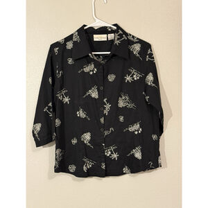 SunBay Cottons Shirt Top Women Sz Petite Large Hawaii Black Gray Button